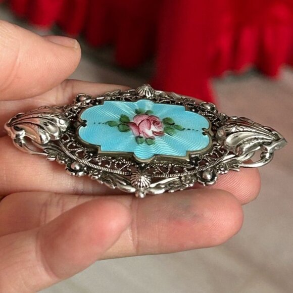 BLUE ENAMEL 1910 Elegant Silver and Blue Floral Brooch 💙 - Picture 3 of 6